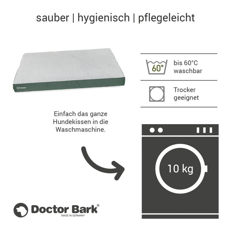 Hundekissen von Doctor Bark in grau mit grünem Rand, waschbar bis 60 °C und trocknergeeignet. Ideal für Haustiere.