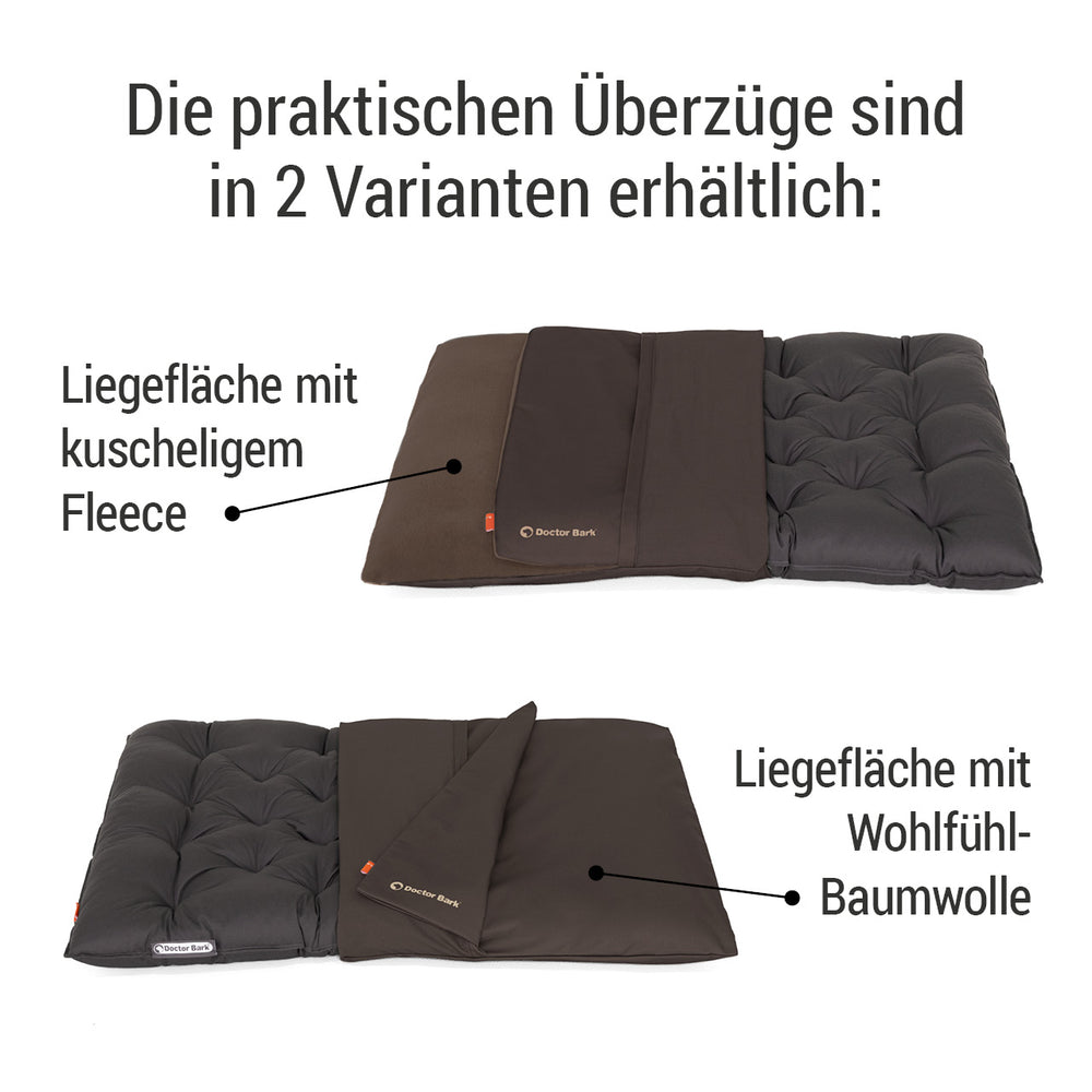Zwei Varianten von Doctor Bark Stoffüberzügen: Fleece und Baumwolle für Komfort und Stil im Hundebereich.