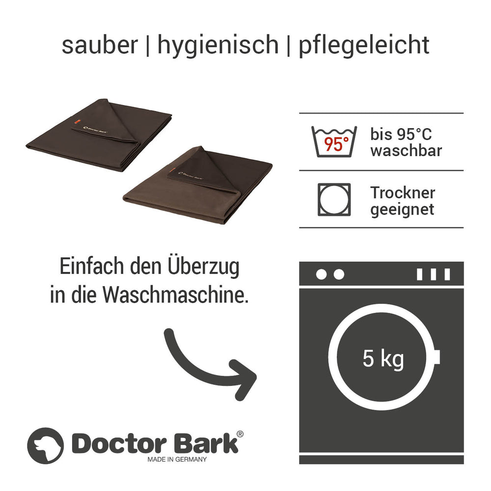"Doctor Bark Fleece Cover für orthopädische Country-Kissen, hygienisch, waschbar bis 95°C, funktionales Design."
