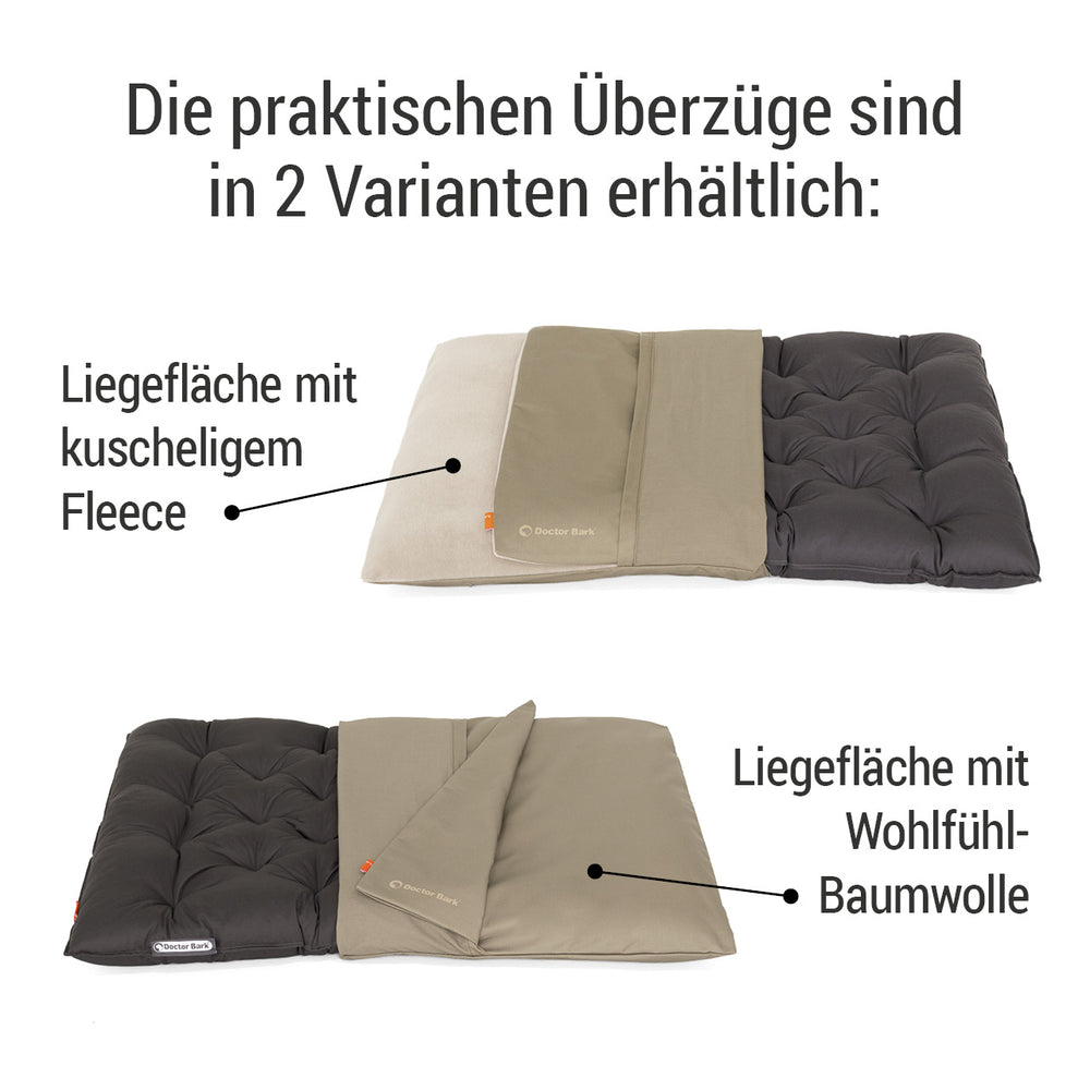 Zwei Überzüge für Liegeflächen: Fleece-Cover und Baumwoll-Überzug von Doctor Bark für optimalen Komfort.
