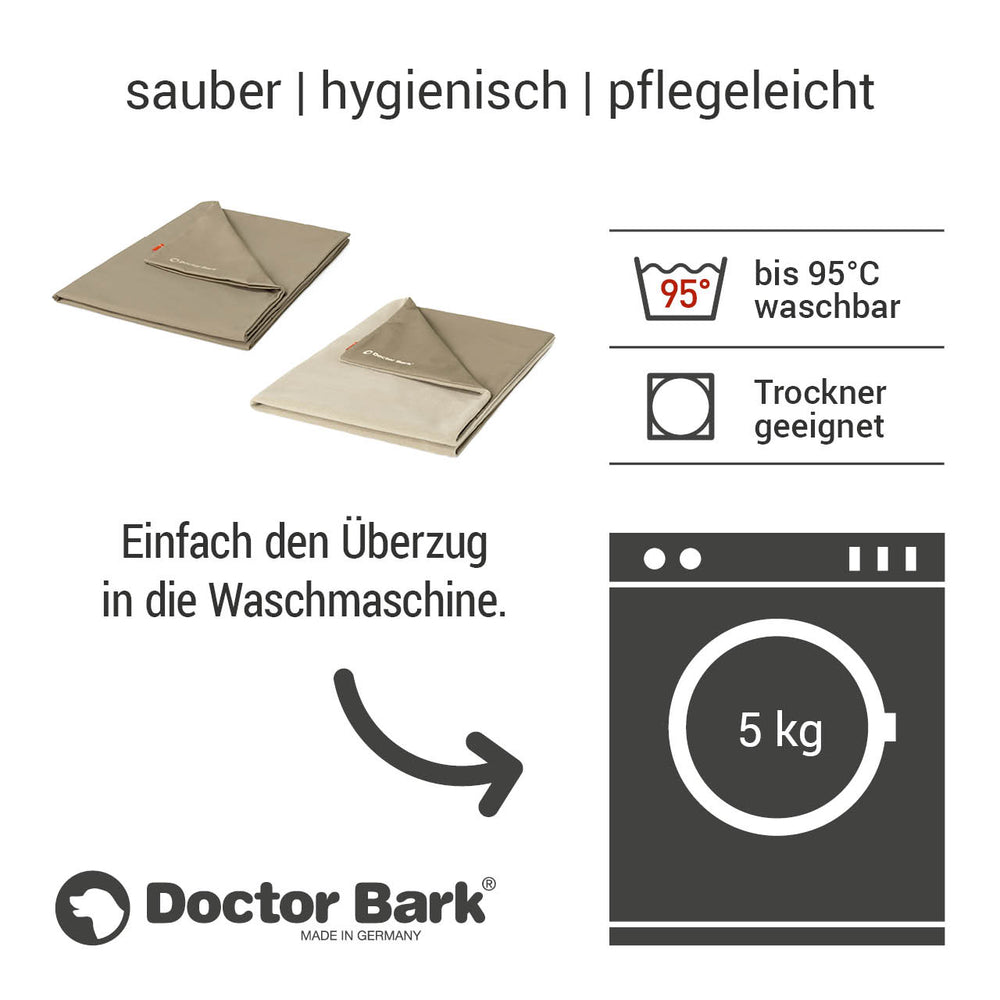Hunde-Fleece-Decke von Doctor Bark, faltbar, waschbar bis 95°C, pflegeleicht und hygienisch in neutralem Farbton.