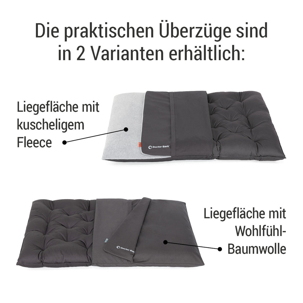 Zwei Varianten von Doctor Bark Überzügen: oben Fleece, unten Baumwolle, beide gepolstert für optimalen Komfort.