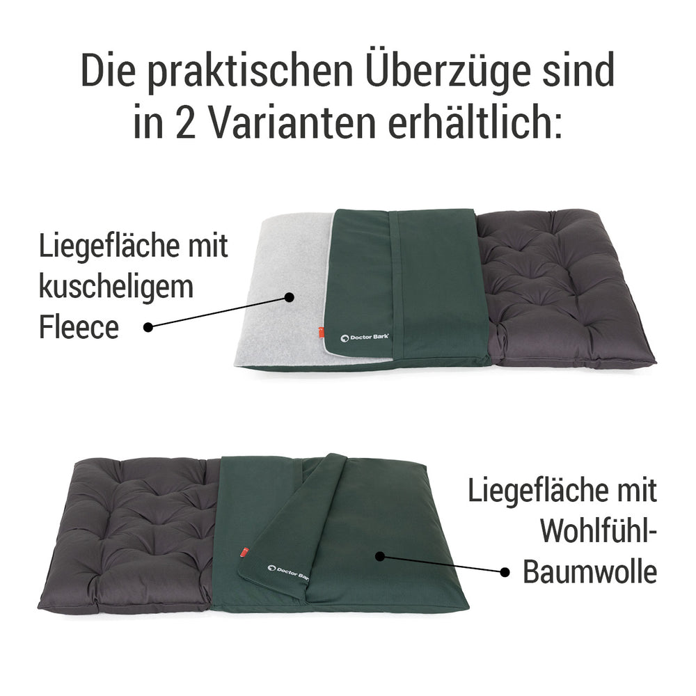 Zwei unterschiedliche Doctor Bark Kissenüberzüge: graues Fleece und grünes Baumwollstoff für Liegeflächen.