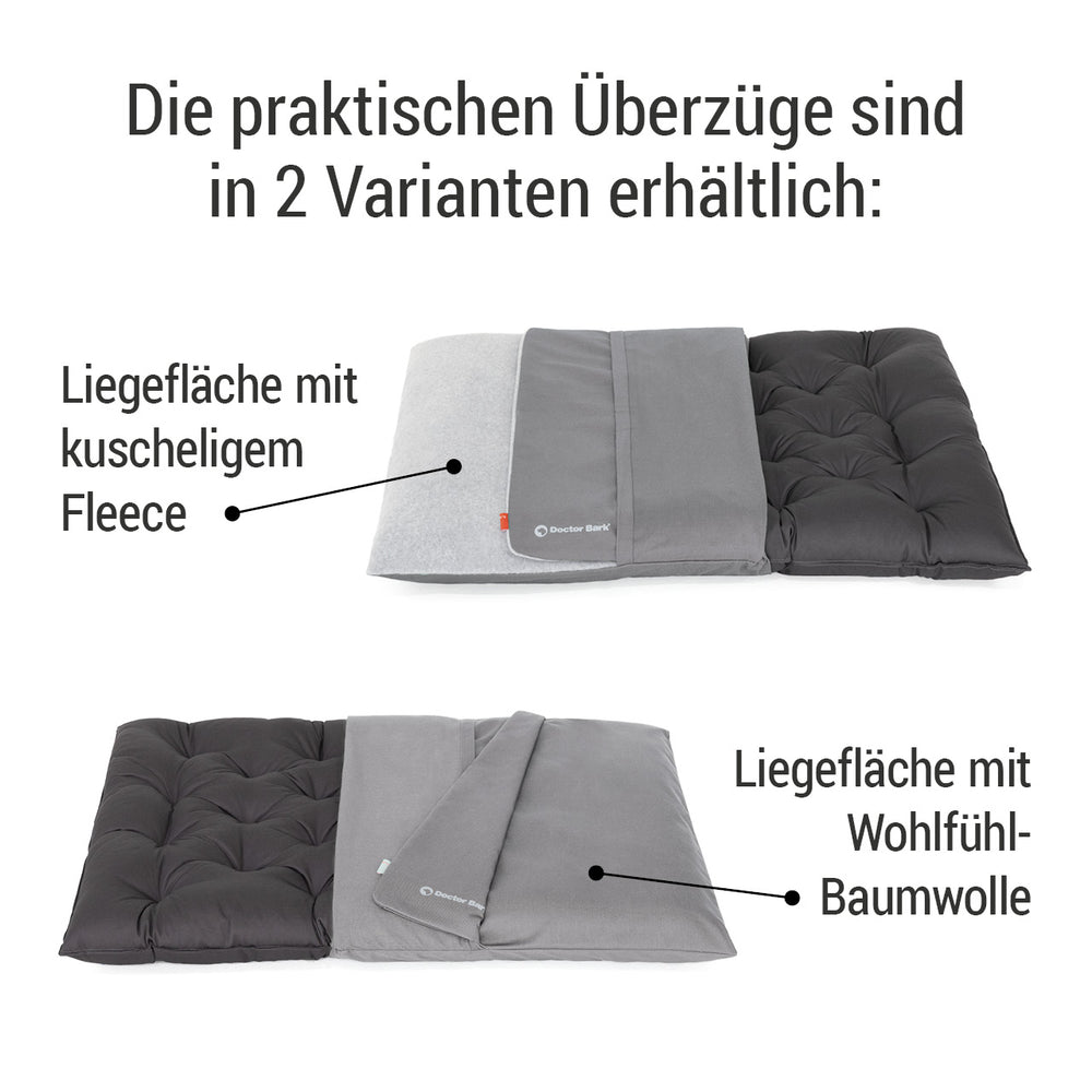 Zwei Varianten von Doctor Bark Fleece-Covern für komfortable Sitzkissen: kuscheliges Fleece und samtiger Baumwollbezug.