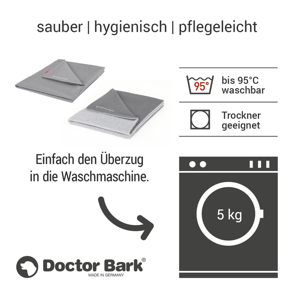"Zwei graue Doctor Bark Decken, hygienisch, pflegeleicht und waschbar bis 95°C, ideal für Haustierbesitzer."