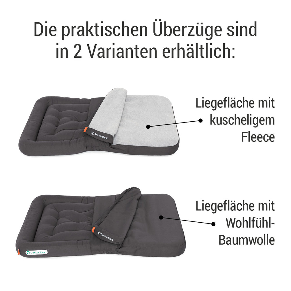„Zwei Varianten von Doctor Bark Fleece Überzügen für Lounge-Kissen: oben Fleece, unten Baumwolle.“