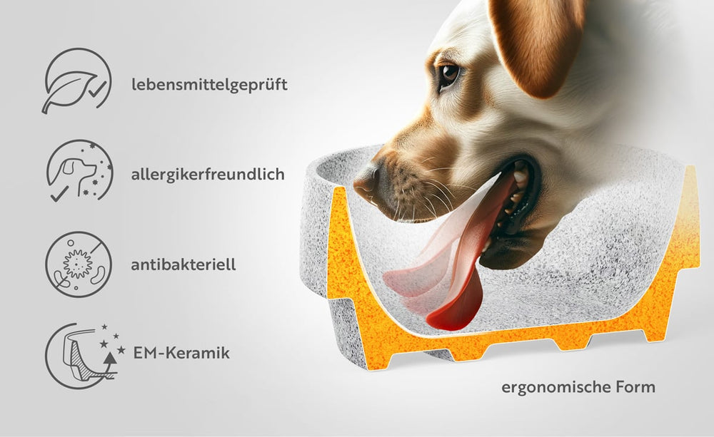 "Hundenapf aus EM-Keramik mit lebensmittelgeprüfter Qualität und informativen Symbolen."