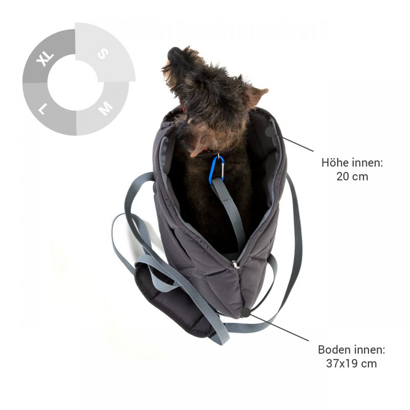 Grau tragbare Hundetasche mit Innenhaken, ideal für kleine Hunde, komfortabel und praktisch für unterwegs.