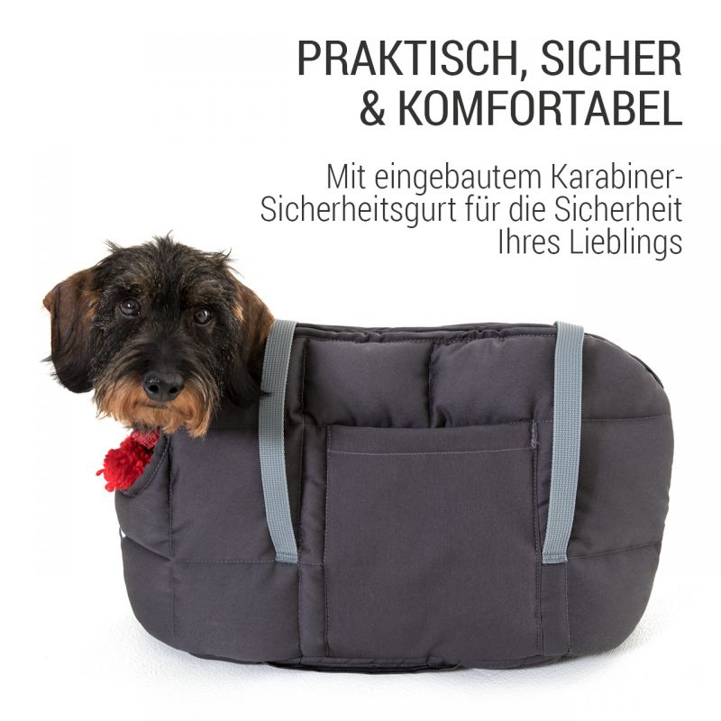 Hundefreundliche graue Tragetasche mit Hund und Karabiner-Sicherheitsgurt für sichere Ausflüge.