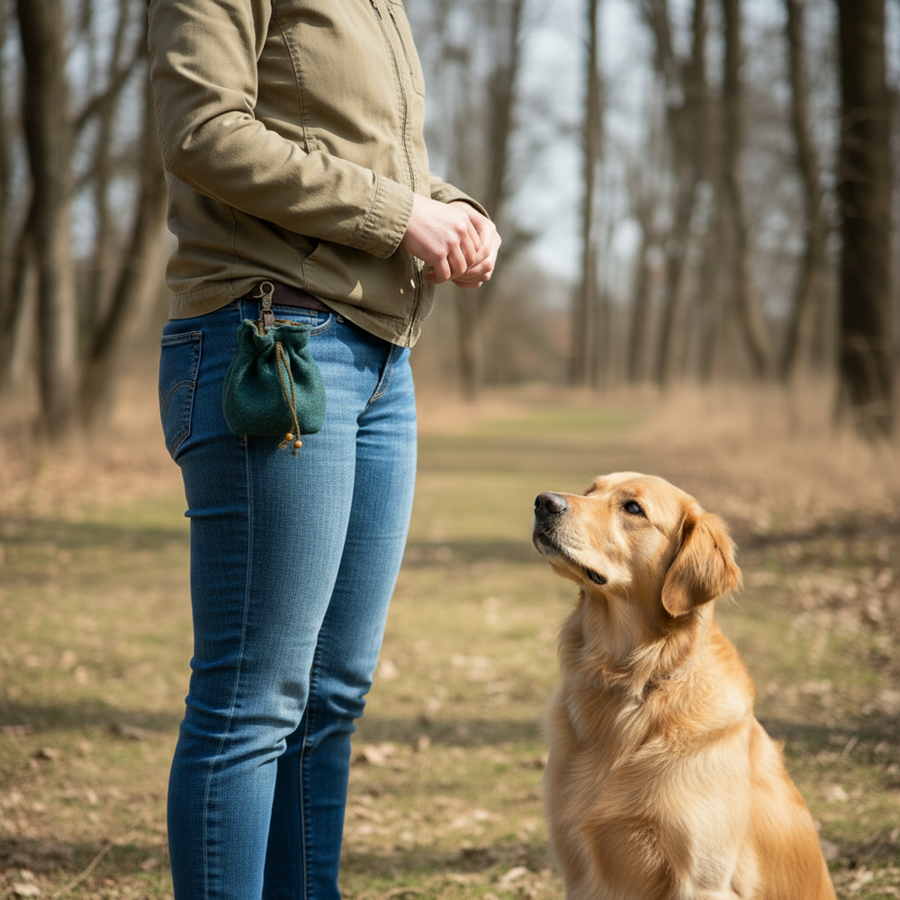 Person im Park mit goldenem Labrador und Leckerlibeutel Nuka, umgeben von Bäumen und Natur.