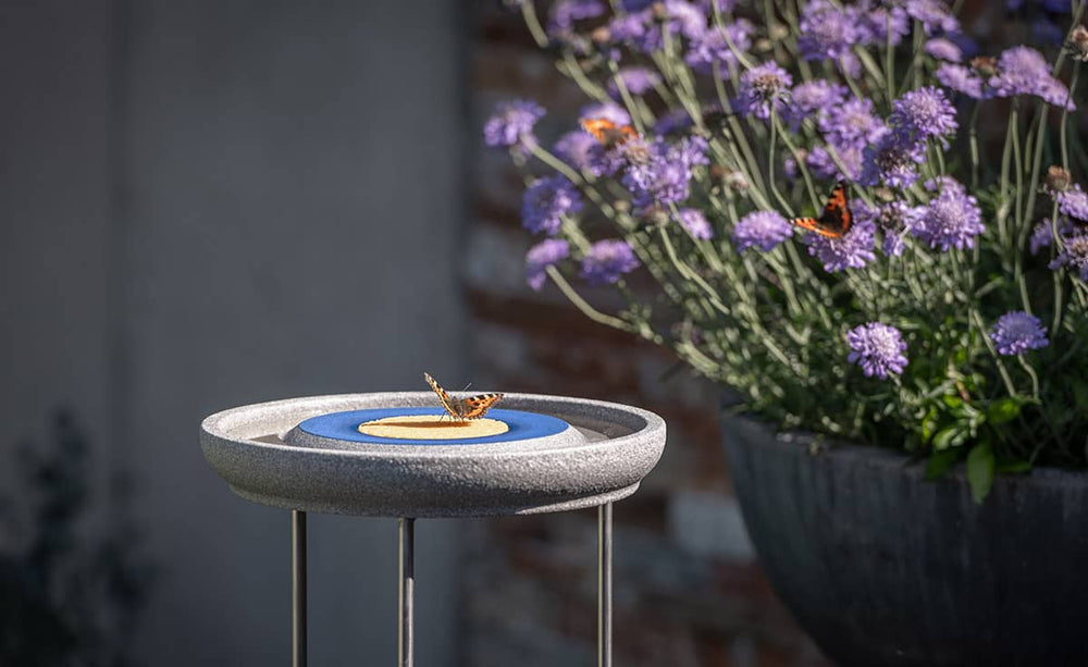 Runde Insektenstation Granicium mit gelber Fläche und blauem Rand, auf drei schlanken Beinen stehend.