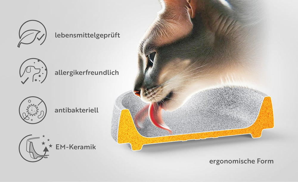 Ergonomische Katzennapf aus EM-Keramik, lebensmittelgeprüft, allergikerfreundlich, ideal für gesunde Katzenhaltung.