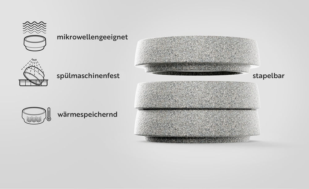 Stapelbare, graue Katzenschalen aus steinähnlichem Material mit Piktogrammen zu Mikrowellengeeignetheit und Easy Clean.