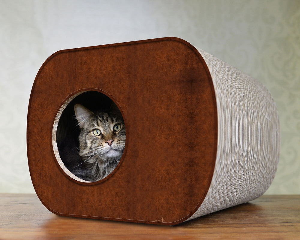 Modernes BROCHHAUS JUNIOR Katzenhaus in ovaler Form mit Holzfront und hellem geflochtenem Textil - ideal für stilvolle Katzen.