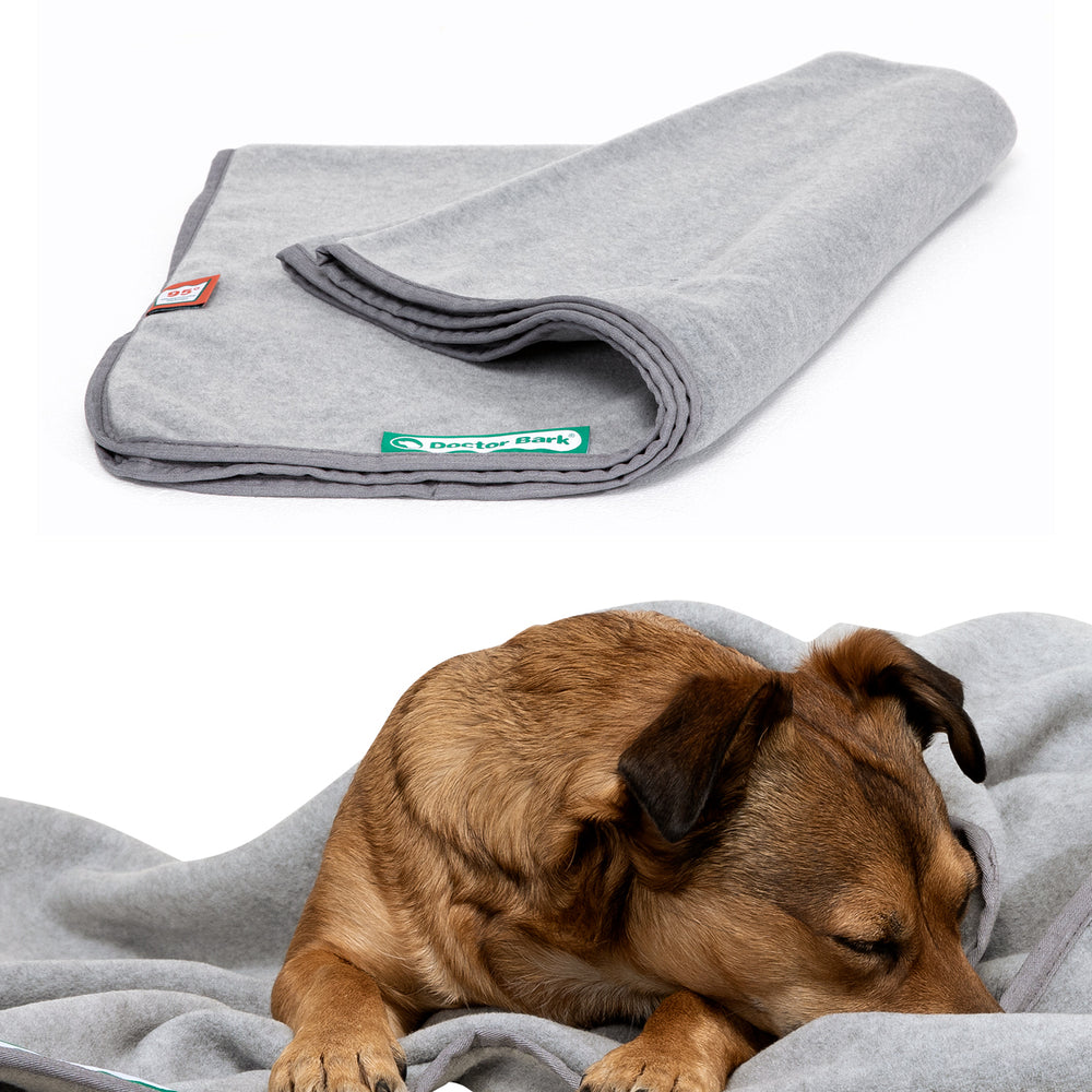 Graue Fleece-Kuscheldecke von Doctor Bark mit einem entspannten Hund darauf.