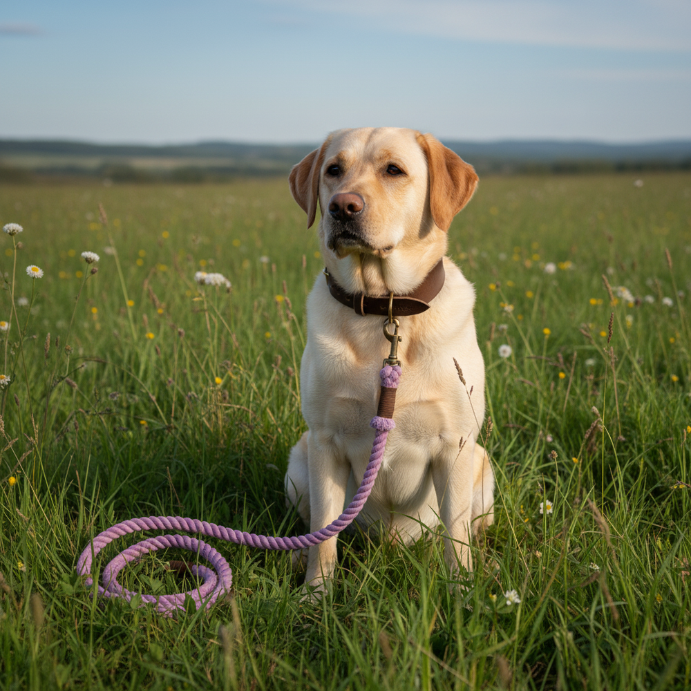 Labrador Retriever sitzt auf einer grünen Wiese mit braunem Halsband und lilafarbener Leine, umgeben von Blumen und Hügeln.