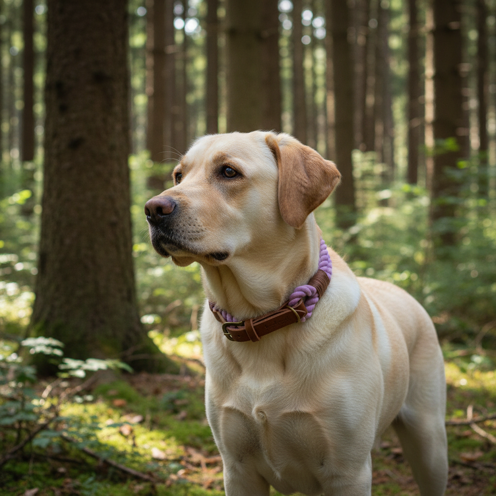 Labrador Retriever im Wald mit lila-braunem geflochtenem Halsband, umgeben von grüner Vegetation.