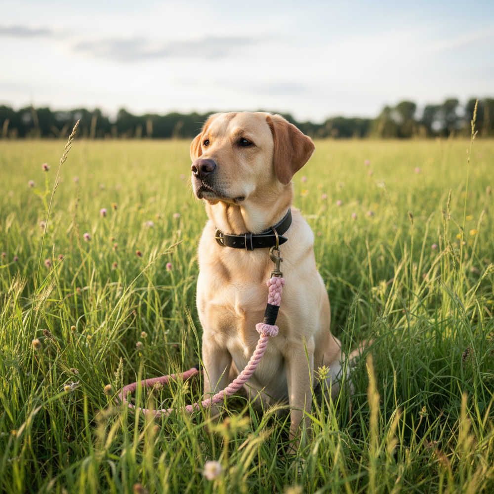 Labrador im Feld mit schwarzem Lederhalsband WALDSTREUNER und rosa Leine, sanfte Hügel und blauer Himmel im Hintergrund.