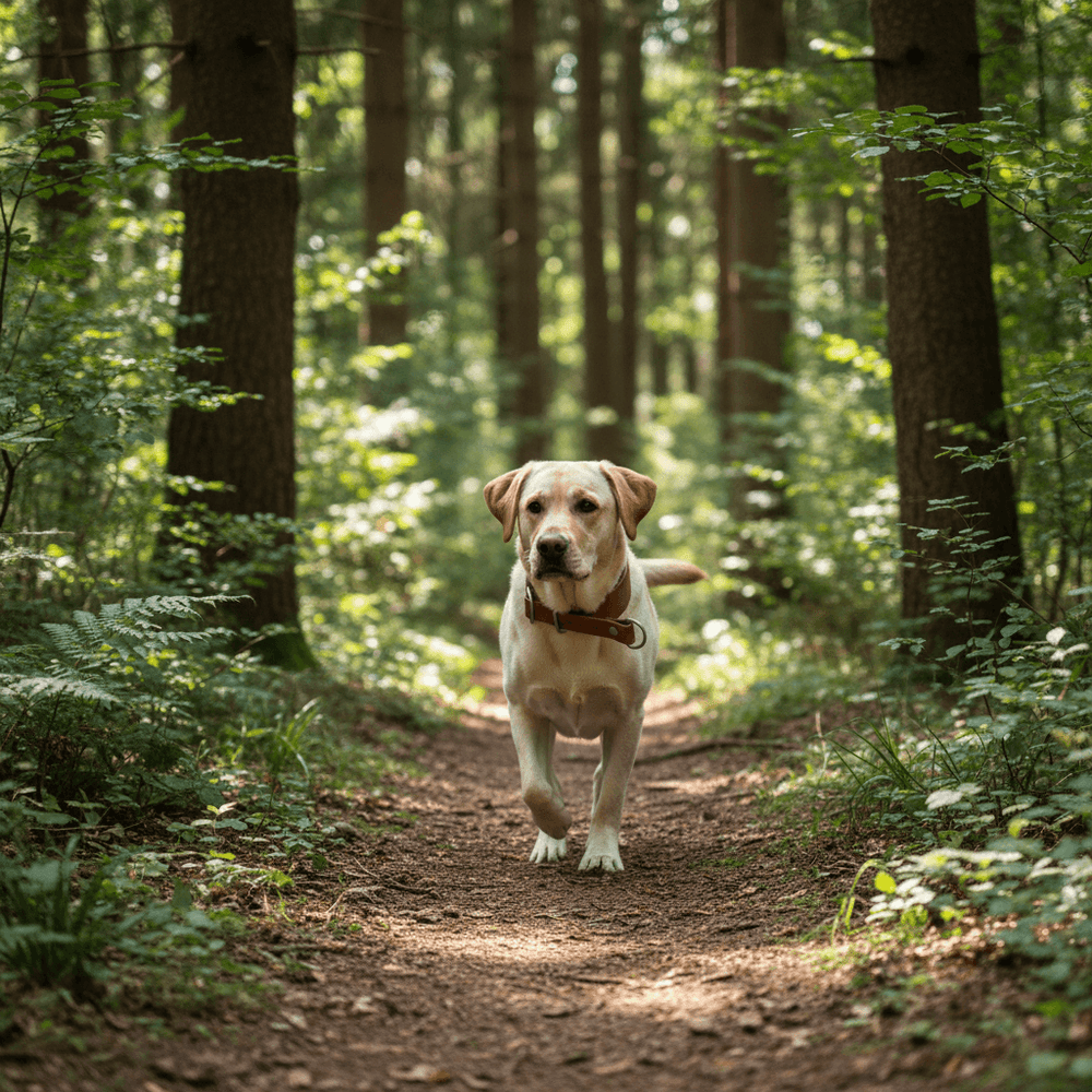 Labrador auf einem Waldweg mit einem Zugstopp Lederhalsband WALDSTREUNER, fröhlich in die Kamera blickend.