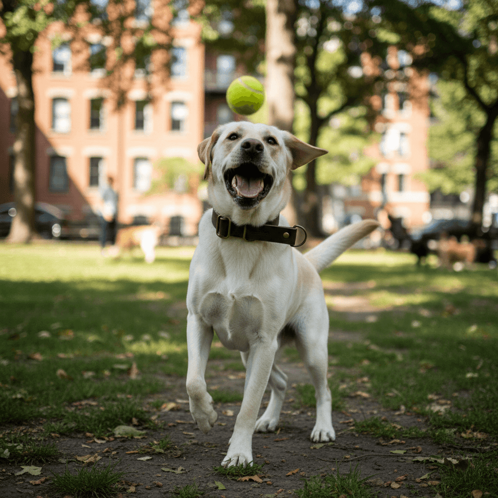 Fröhlicher gelber Labrador springt mit Tennisball im Park, umgeben von verschwommenen Silhouetten von Menschen und Bäumen.