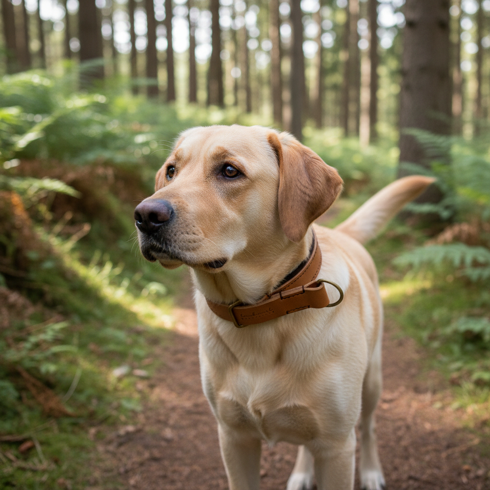 Labrador Retriever im Wald mit hellbraunem Fell und stilvollem Lederhalsband Wildfang zwischen hohen Bäumen und Farnen.