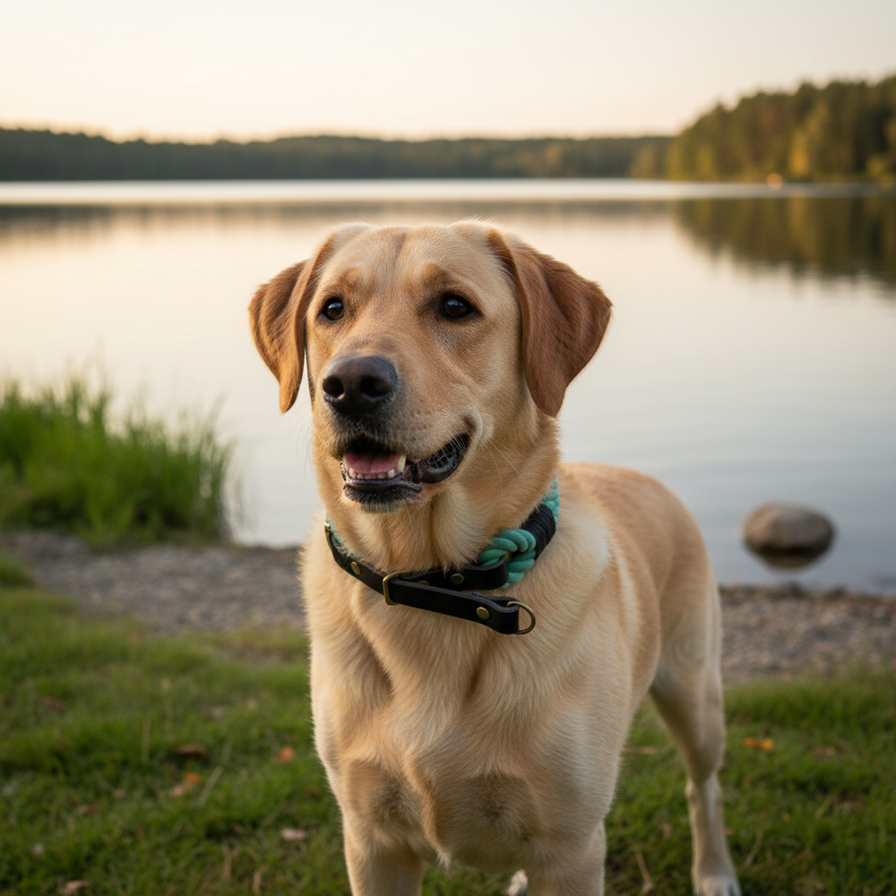 "Goldener Labrador Retriever am Ufer eines Sees mit farbenfrohem Zugstopp Tauhalsband Ahoi."