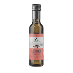 Flasche mit natürlichem Lachsöl von Lakefields in Pastellfarben und silberner Schraubkappe.