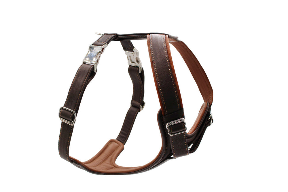 Braunes Ledergeschirr für Hunde mit gepolsterter Innenausstattung und verstellbaren Riemen für optimale Passform.