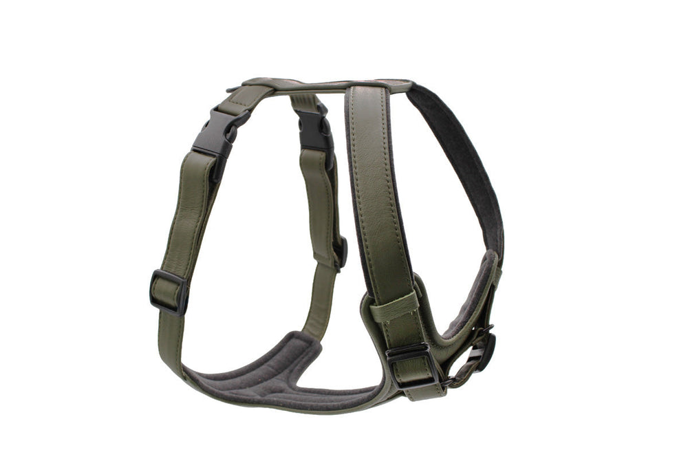 "Olivgrünes, zweifach verstellbares Ledergeschirr mit ergonomischer Bauweise und gepolsterten Riemen für optimalen Komfort."