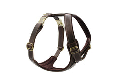 Braunes, zweifach verstellbares Hundegeschirr aus Leder mit gepolsterten Elementen für Komfort.