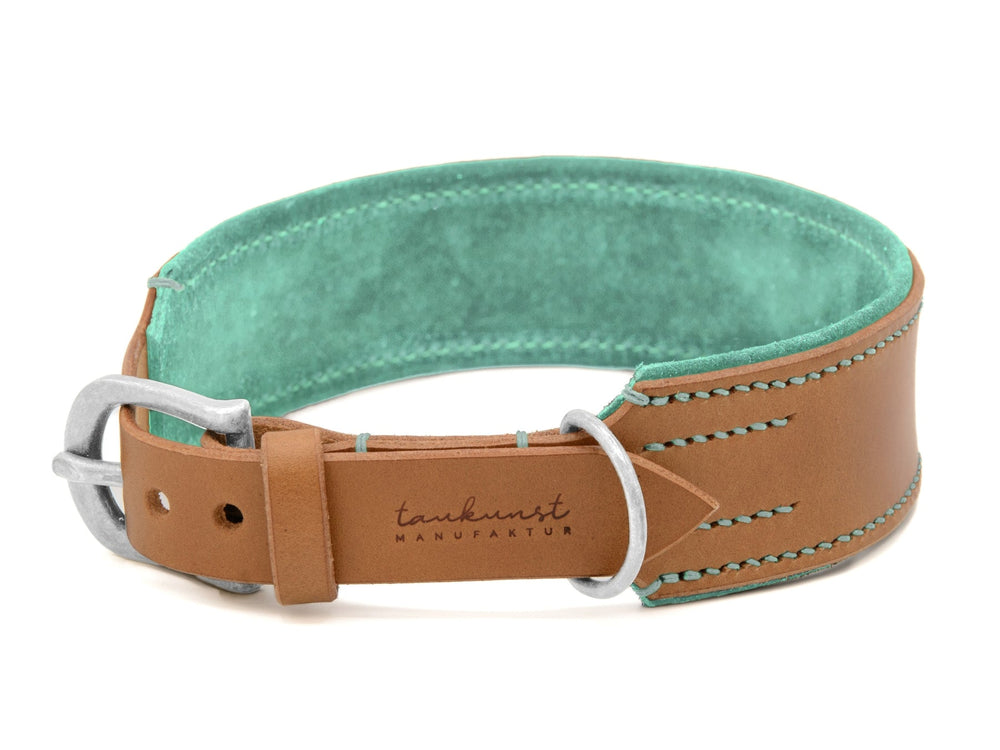 Hochwertiges Lederhalsband für Hunde in Braun und Blau mit silberner Schnallenverschluss. Perfekt für stilbewusste Haustierbesitzer.