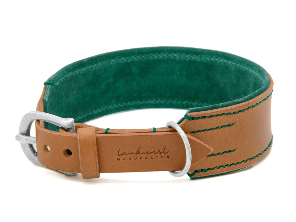Breites braunes Lederhalsband mit grünen Innenseiten und silberner Schnalle, ideal für stilvolle Hundefans.