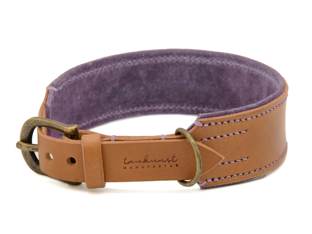 Breites Lederhalsband Wildfang in Braun mit lila Innenseite und metallischer Schnalle für Hunde.