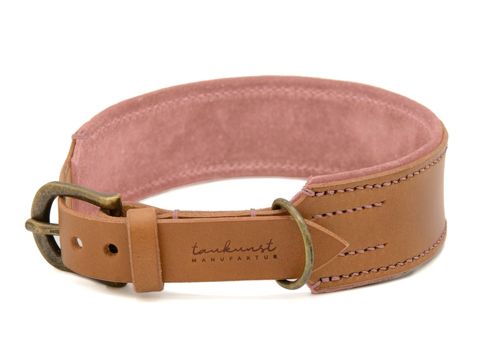 Breites Lederhalsband für Hunde in warmem Braun mit rosa Innenpolsterung und goldfarbenem Verschluss. Ideal für Ihren Vierbeiner.
