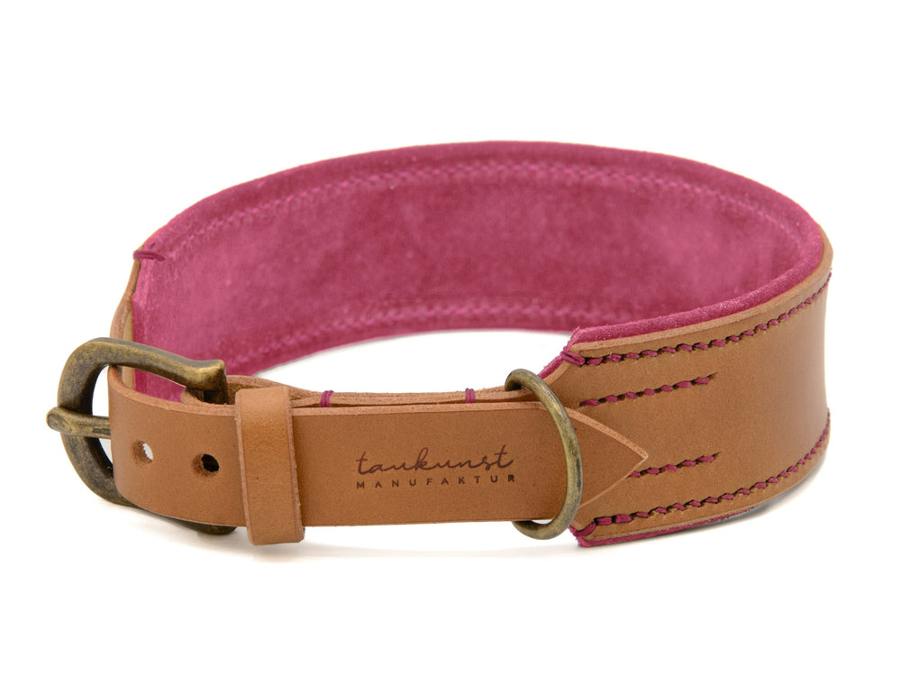 Lederhalsband Wildfang in braun und pink mit Metall-Schnalle für Hunde, stylish und robust.