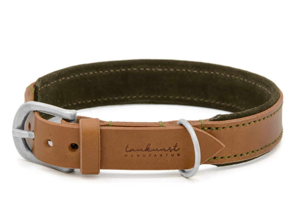 "Hochwertiges Lederhalsband Wildfang für Hunde in braun mit grünen Akzenten und silberner Schnalle."