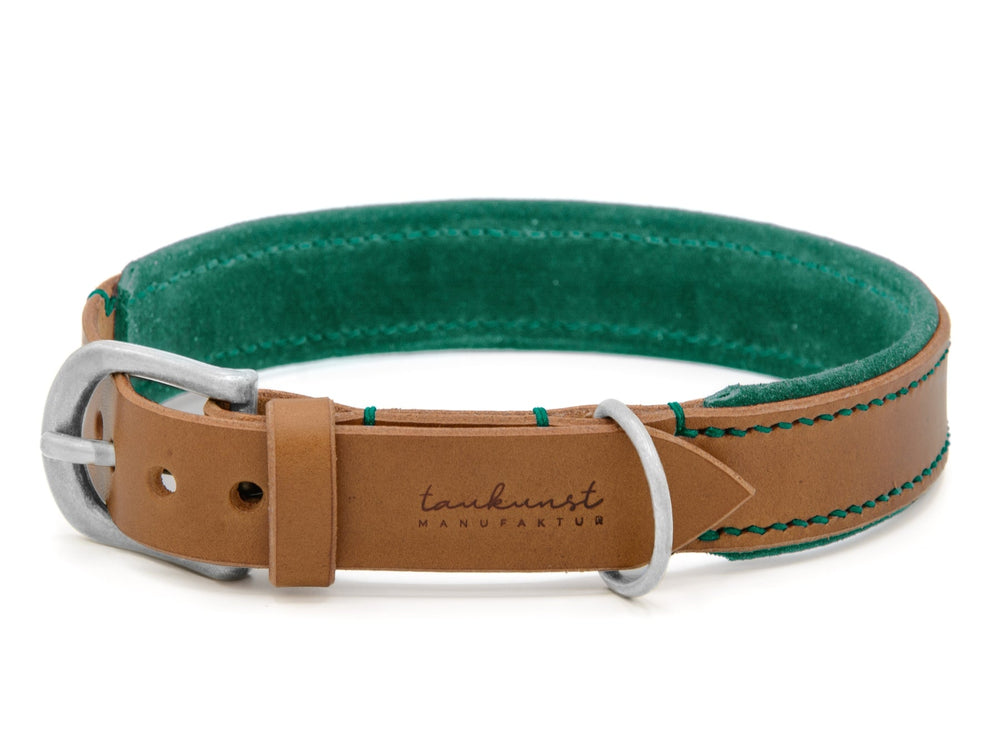 Braunes Lederhalsband WILDFANG für Hunde mit türkisfarbenem Innenfutter und silberner Metallschnalle.