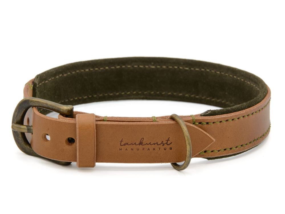 Elegantes Hundehalsband aus braunem Leder mit grünem Innenfutter und antikem Metallschloss. Ideal für stilbewusste Hunde.