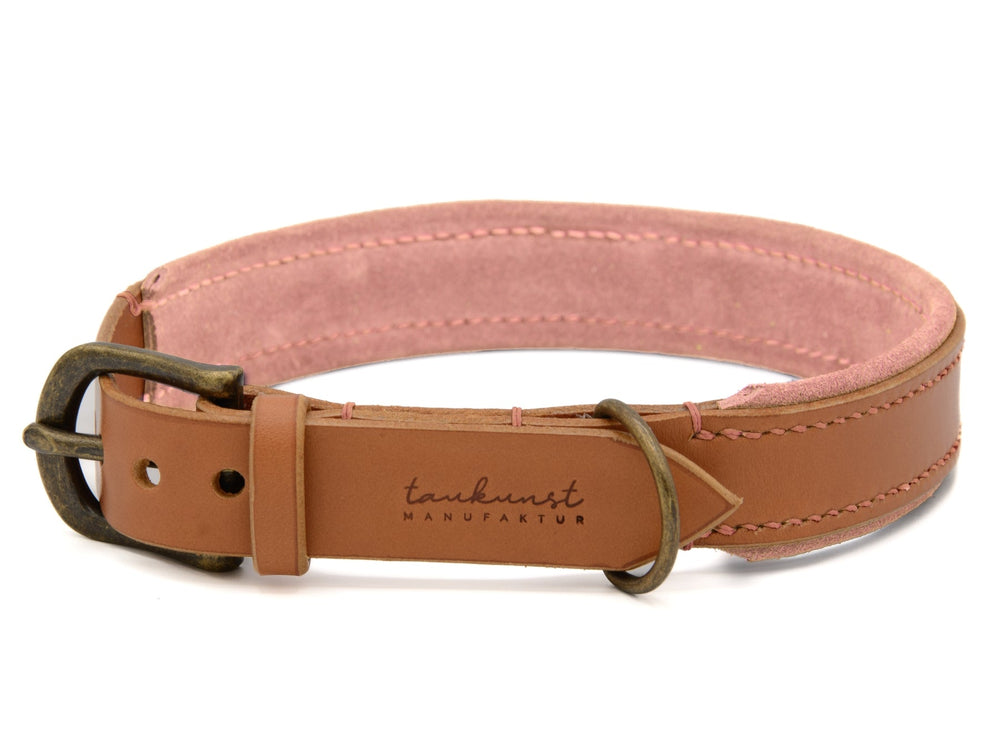 Helles Lederhalsband für Hunde mit robuster Metalldornschnalle und pinker Innenseite, ideal für aktive Vierbeiner.