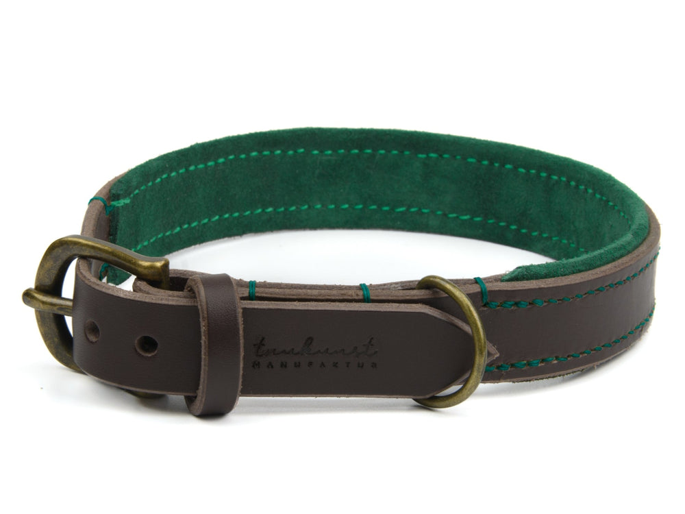 Braunes Lederhalsband mit grüner Innenauskleidung und goldfarbener Schnalle für Hunde, beschriftet mit "Wildfang".