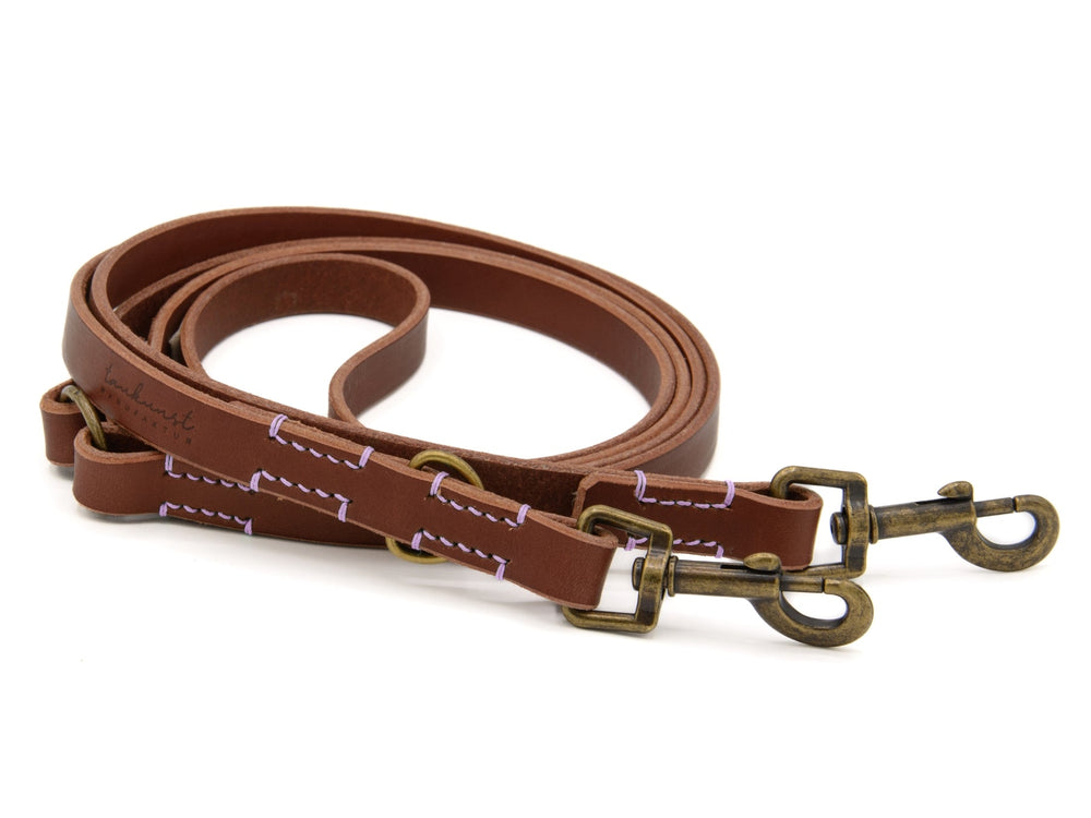 Braune Lederleine mit weißen Nähten und zwei Karabinerhaken, flach und glatt, ideal für Hundeausflüge.