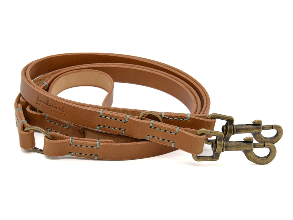 Braune Lederleine "Waldgeist" mit hellblauen Nähten und metallischen Karabinerhaken für stilvolle Hundewanderungen.