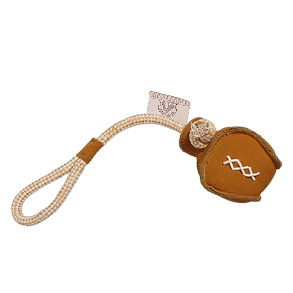 "Brauner Wildlederfutteral für Yoyo, befestigt an beigem Schnürsenkel mit Etikett."