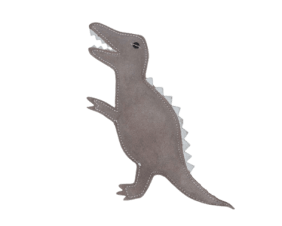 Stylisierte graue Dinosaurierfigur aus Wildleder, weich und kindgerecht, ideal als Spielzeug.