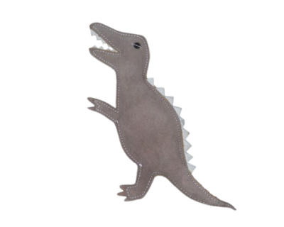 Stylisierte graue Dinosaurierfigur aus Wildleder, weich und kindgerecht, ideal als Spielzeug.