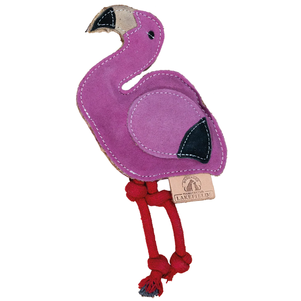 Pinkfarbenes Flamingo-Spielzeug aus Wildleder mit schwarzem Schnabel und roten Beinen, ideal für Haustiere.