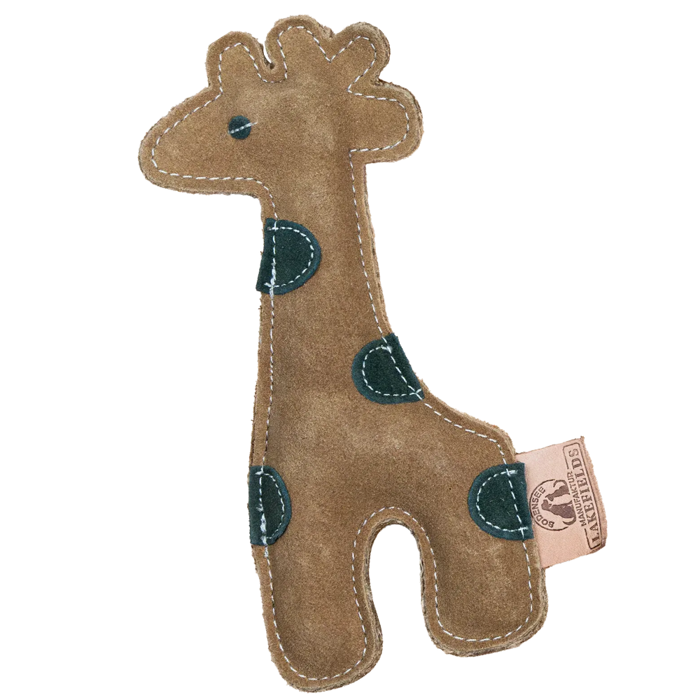 Braunes Wildleder-Spielzeug in Giraffenform mit grünen Punkten und heller Naht, ideal für Kinder.