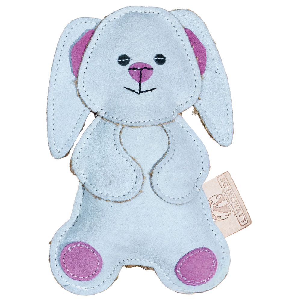 Plüschiger grauer Hase aus Wildleder mit rosa Wangen und großen, abstehenden Ohren. Ideal als Spielzeug für Kinder.