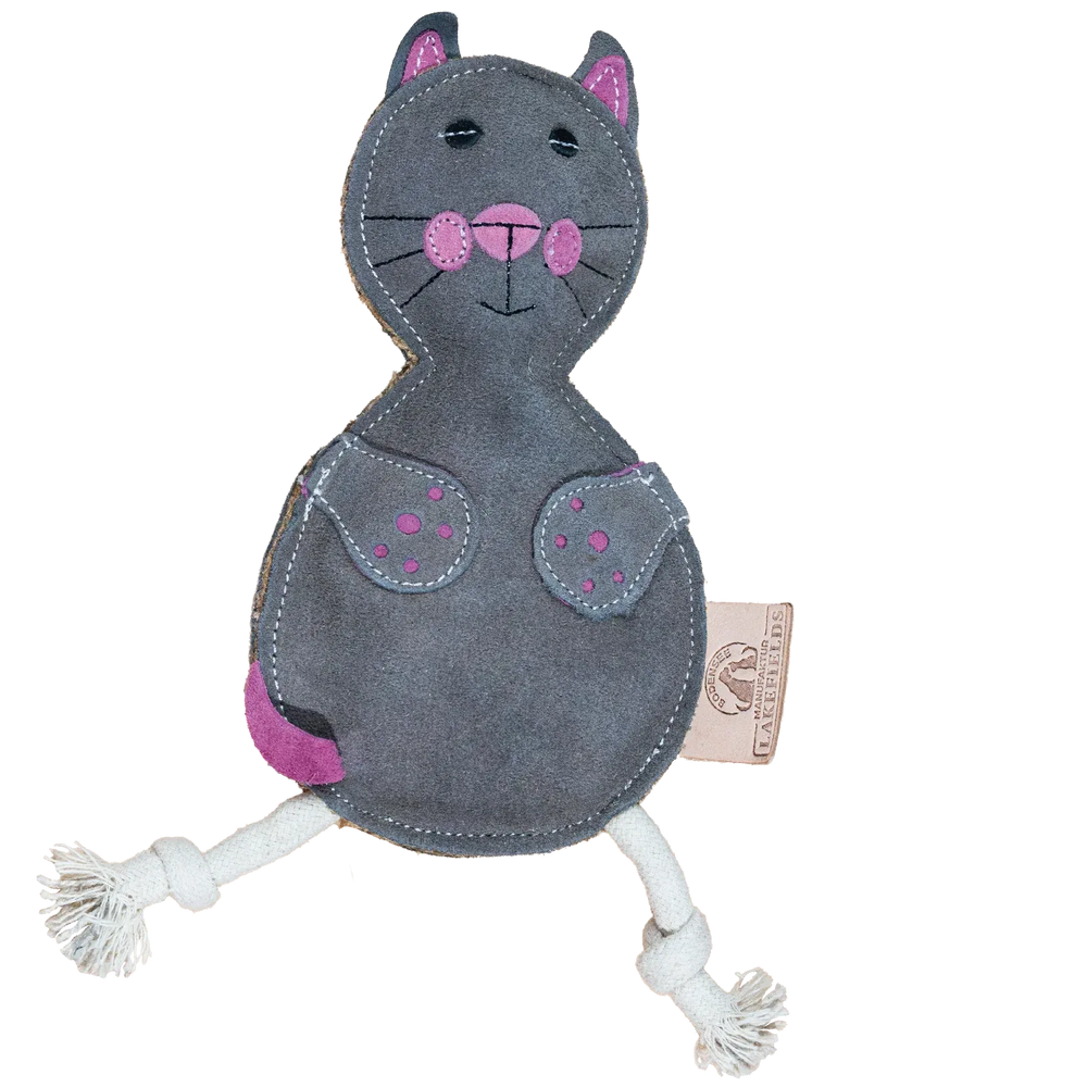 Plüschiges Wildleder-Spielzeug in Katzenform mit grauer Oberfläche und rosa Details sowie freundlichem Gesicht.