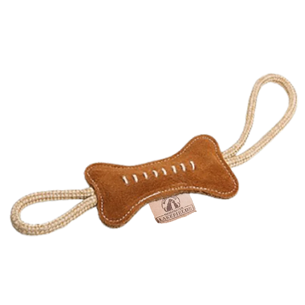 Braunes Lederspielzeug in Knochenform für Hunde, mit stabilen Seilgriffen und weichem, wildlederähnlichem Material.